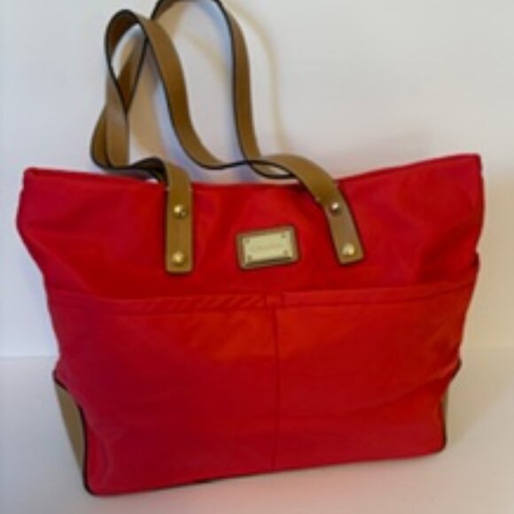 Calvin Klein Red Nylon Tote Bag with Gold-tone Hardware and Tan Handles